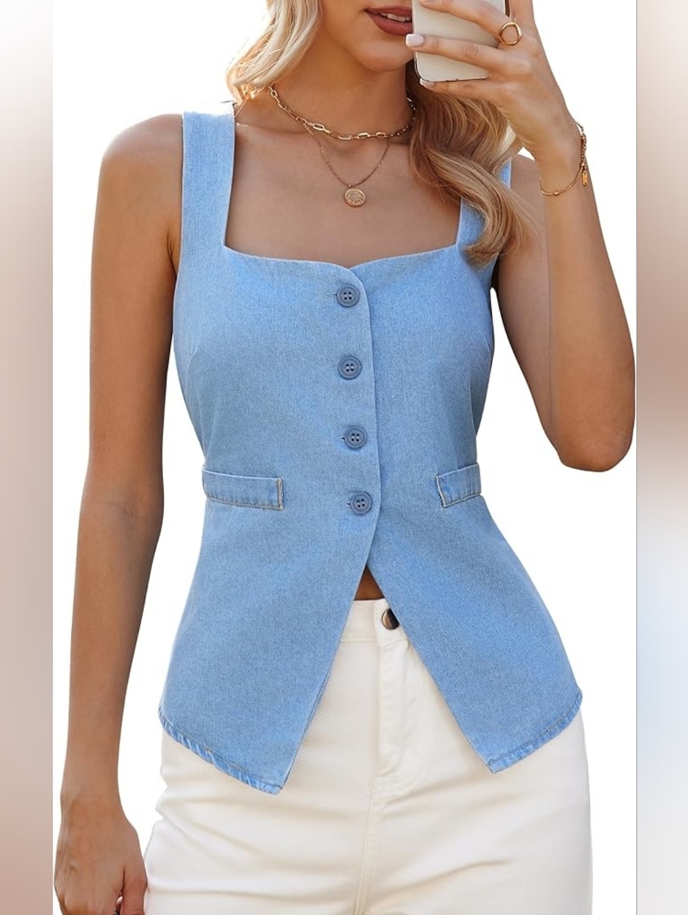 NWT Light Blue Sleeveless Button Down Denim Vest